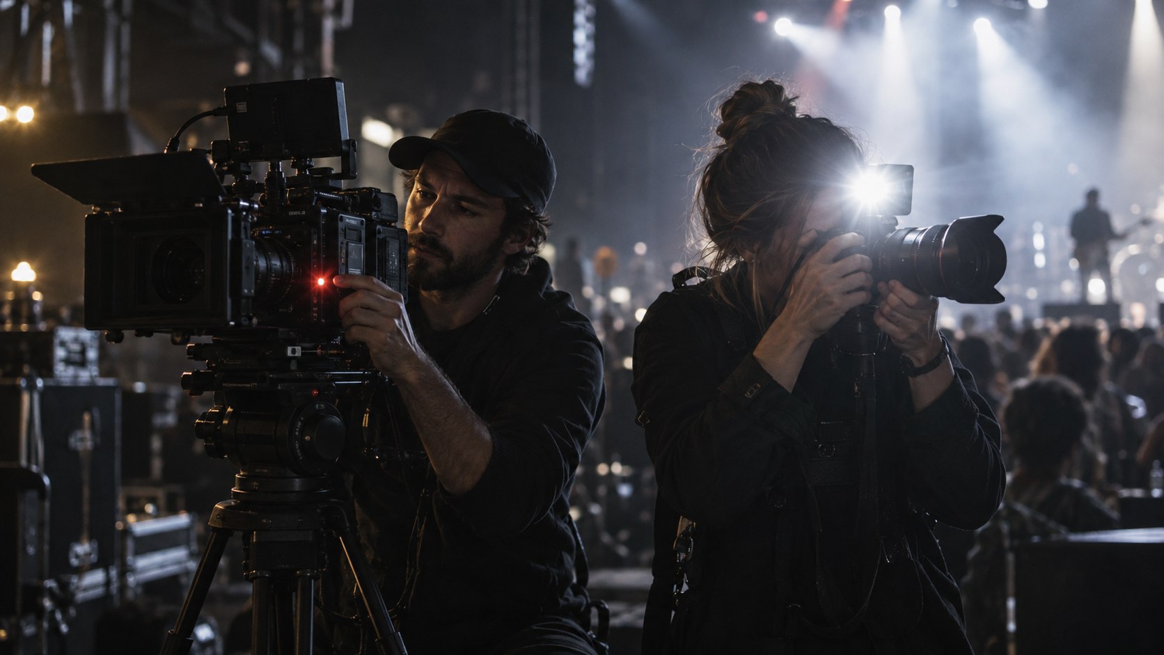 Videomaker che accende una cinepresa e fotografa durante uno scatto con flash